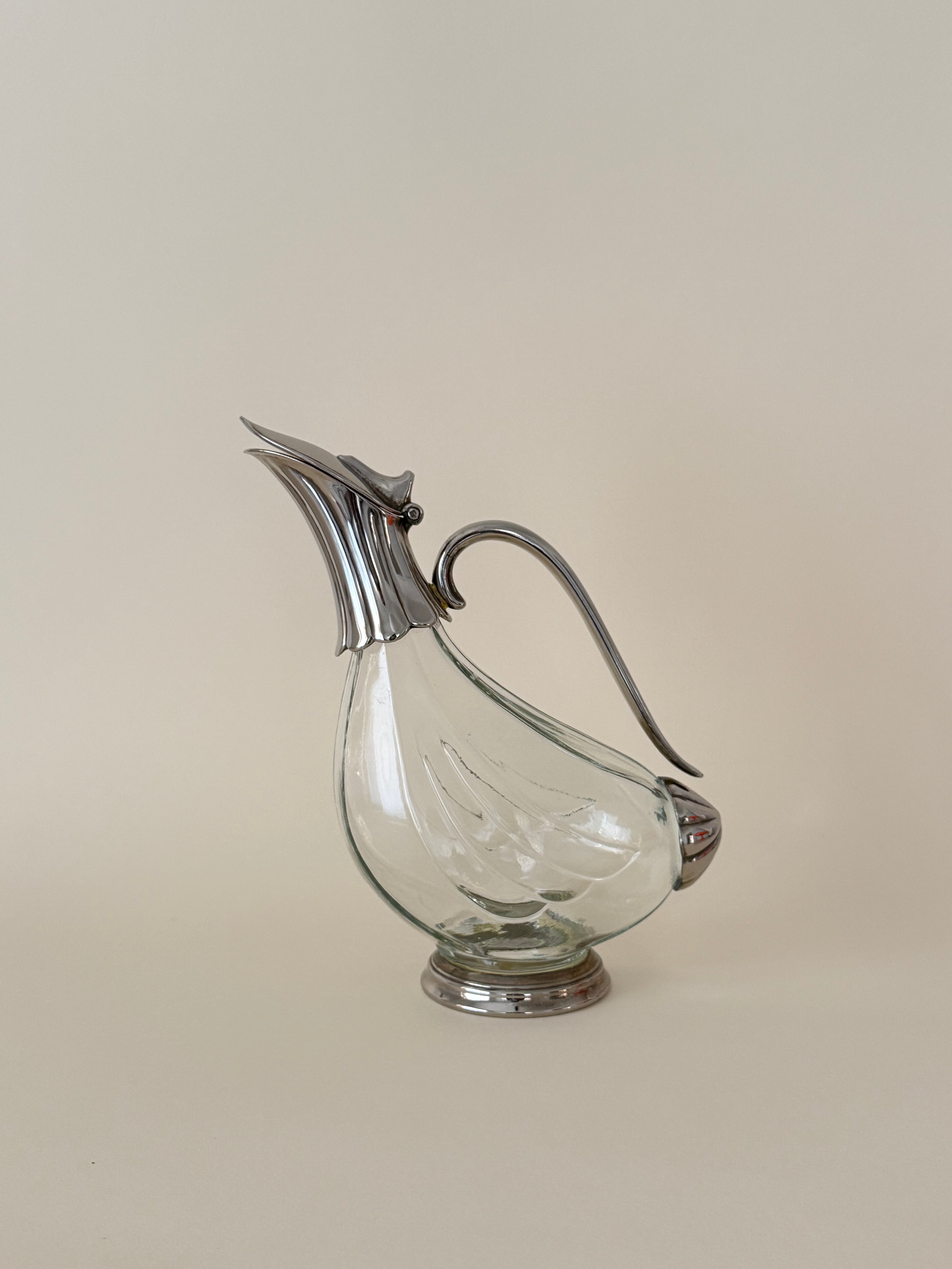 Vintage Glass Claret Jug with Duck-Shaped Handle — 1930s