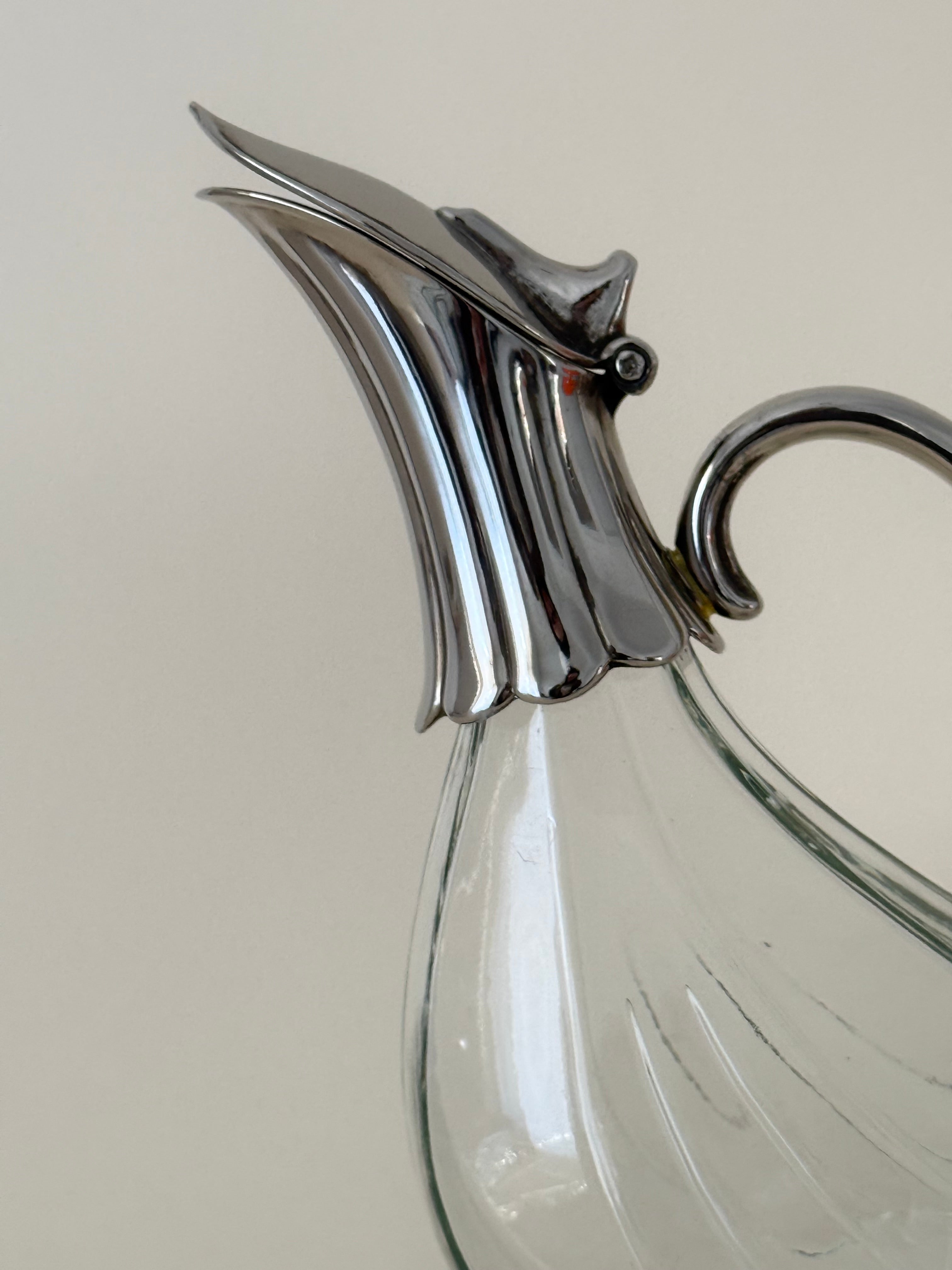 Vintage Glass Claret Jug with Duck-Shaped Handle — 1930s
