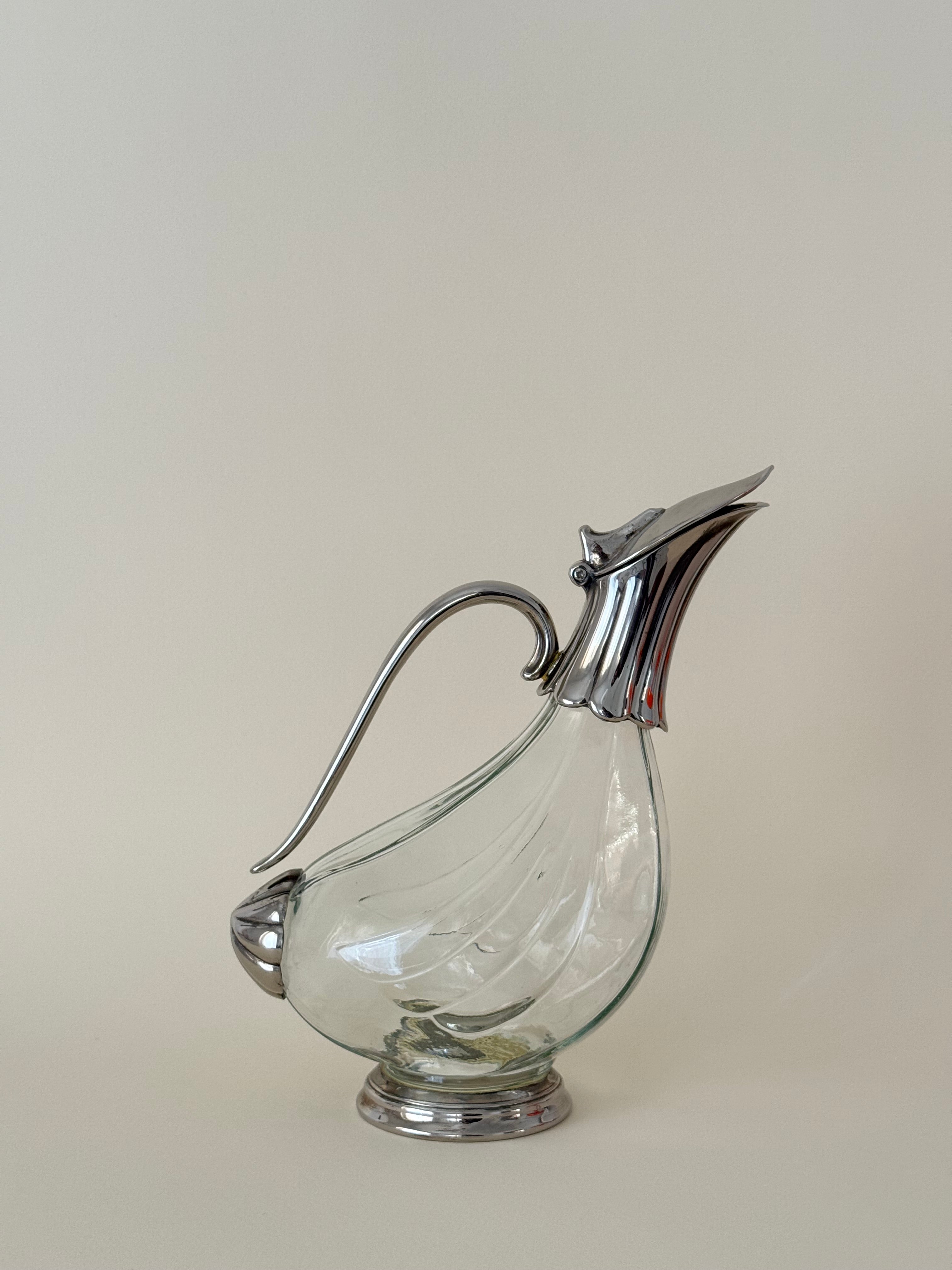 Vintage Glass Claret Jug with Duck-Shaped Handle — 1930s